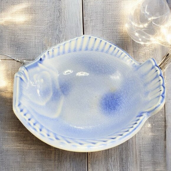 Blue Glazed Japanese Pottery Fish Dish Sushi Dip Plate Dish Bowl Small Stamped - Picture 1 of 13